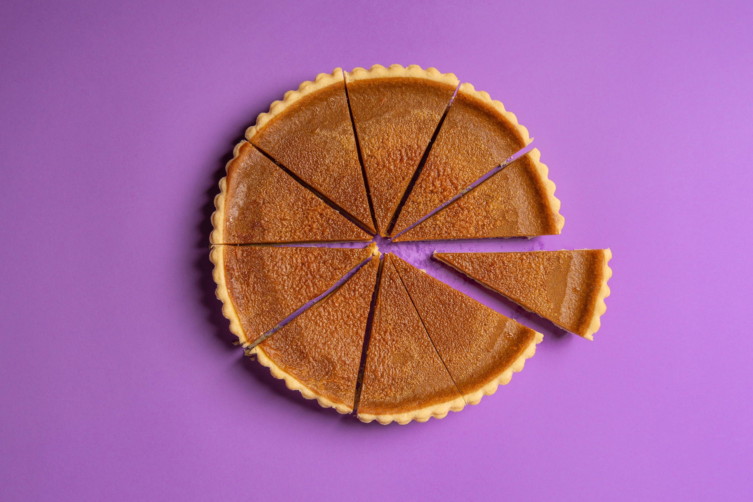 Sliced pumpkin pie and a separate piece. Top view. Traditional dessert